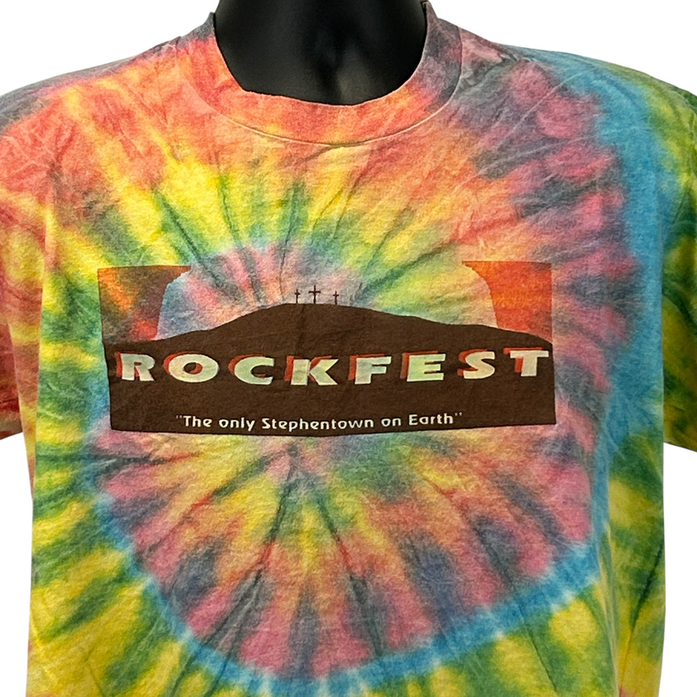 Vintage 90s Stephentown Rockfest T Shirt Yellow Tie Dye Christian Unisex L Large